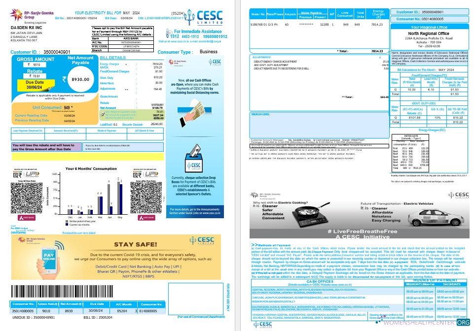 INDIA CESC LIMITED business utility bill Word and PDF template, version 2 các trang đã xóa
